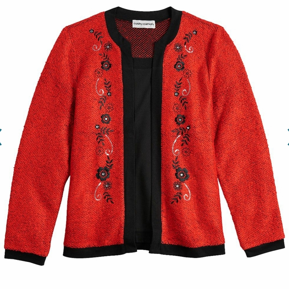 CATHY DANIELS Floral Embroidered Mock Layered Top
